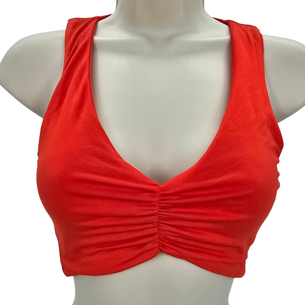 Naked Wardrobe Womans size XS Shirred V-Neck Sleeveless Crop Top Orange NWOT